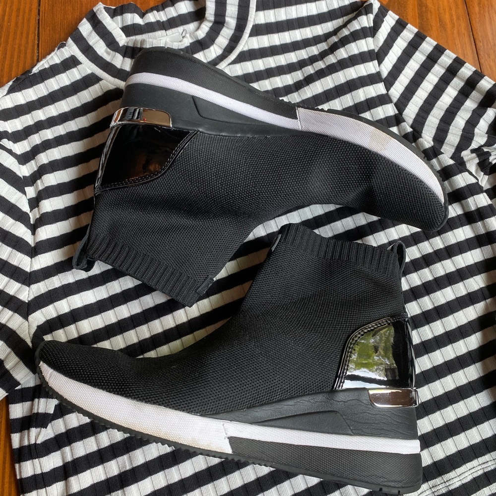 MICHAEL Michael Kors Black Knit Sock Wedge Ankle Boots with White Sole
